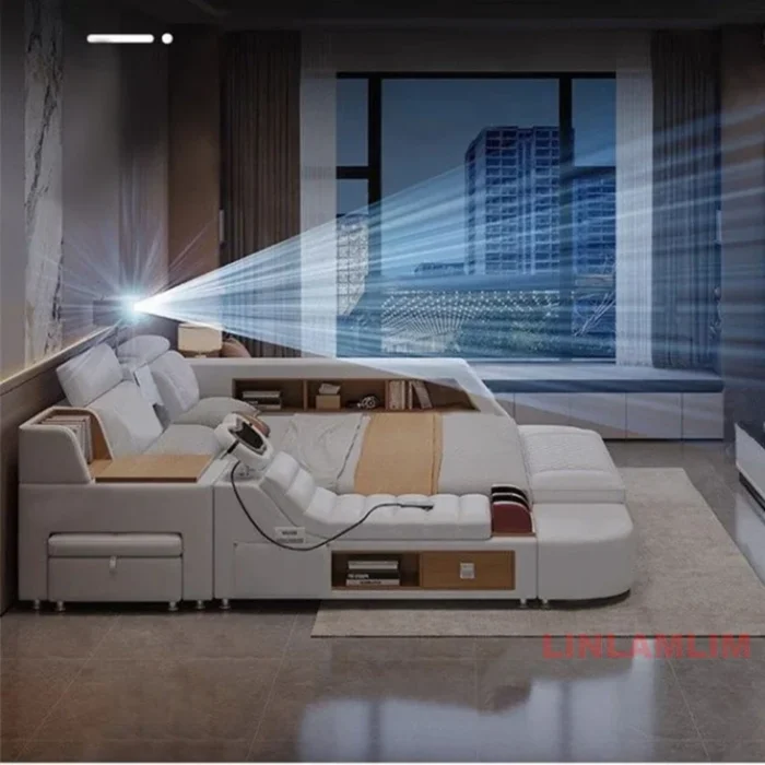 Linlamlim Multifunctional Ultimate Bed 2 People With Massage Tatami, Speaker, Projector | Genuine Leather Upholstered Smart Bed - Image 4
