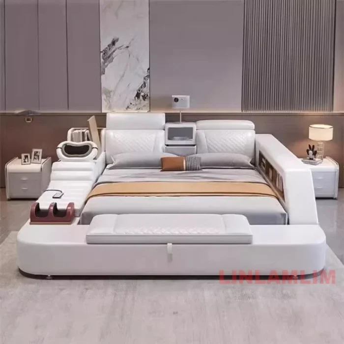 Linlamlim Multifunctional Ultimate Bed 2 People With Massage Tatami, Speaker, Projector | Genuine Leather Upholstered Smart Bed - Image 3