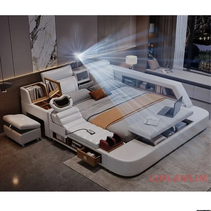 Linlamlim Multifunctional Ultimate Bed 2 People With Massage Tatami, Speaker, Projector | Genuine Leather Upholstered Smart Bed - Image 2