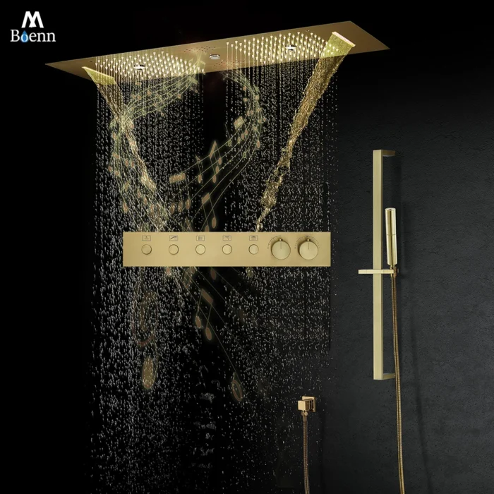 M Boenn 35*12 Inch Showers Bathroom Faucet Set Smart Thermostatic Concealed Mixer Rain Shower System Bar Shape Black Shower Head