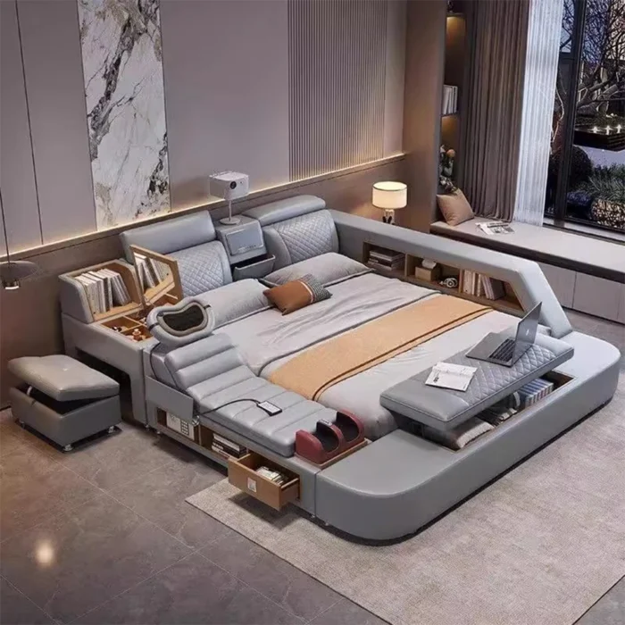 Linlamlim Multifunctional Ultimate Bed 2 People With Massage Tatami, Speaker, Projector | Genuine Leather Upholstered Smart Bed